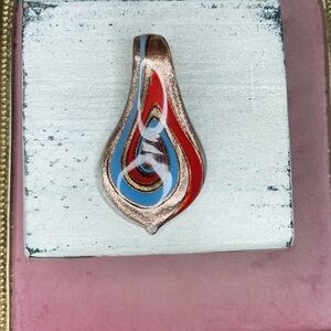 302. Orange Blue and Goldtone Art Glass Pendant